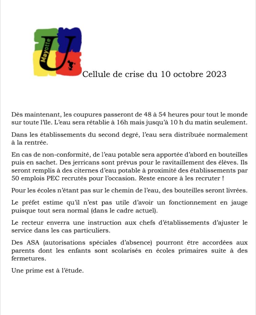 Cellule de crise du 10 octobre 2023 SNUEPFSU MAYOTTE